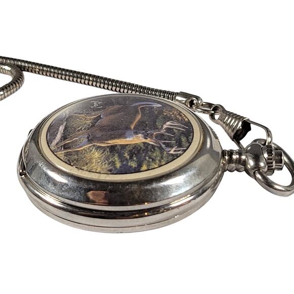Vintage Wildlife Pocket Watch with Deer Art Design, 14" Chain, Silver-Tone Works - Picture 6 of 14